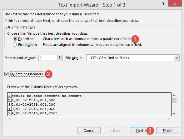 cửa sổ text import wizard