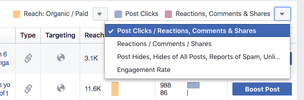 Facebook Page Insights - Engagement options